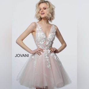 Jovani Fit and Flare floral applique Cocktail Dress In Blush 63987 New With Tags